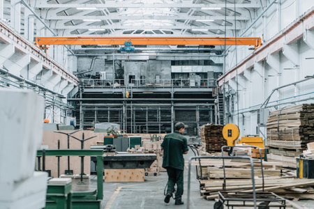 Inside huge factory workshop interior with stacks of wood.の写真素材