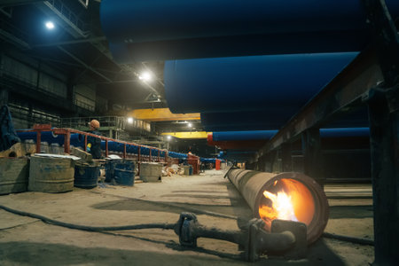 Cast iron pipes for pipeline are dried with fire and heat after painting in workshop.
