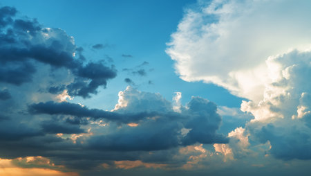 Cumulus fluffy sunset clouds sky background.