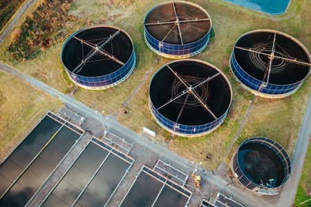 Sewage, sewerage and wastewater treatment plant, aerial view from drone.の写真素材