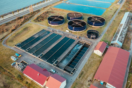 Sewage, sewerage and wastewater treatment plant, aerial view from drone.
