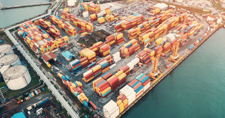 Containers in cargo freight port, aerial view. Industrial harbor, global transportation and...