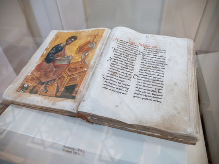 Georgia, Zugdidi - February 2023 : Ancient Georgian Orthodox Christian holy book close up.のeditorial素材