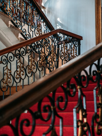 Vintage railing and old staircase in ancient mansion or palace.の写真素材