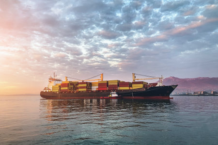Cargo freight ship with containers sailing to industrial logistic port.
