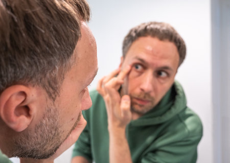 Young middle-aged man uses nourishing and regenerating cream for problem areas on his face....