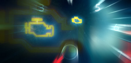Check Engine symbol on car dashboard in blurred motion effect. Problem with auto motor, service...
