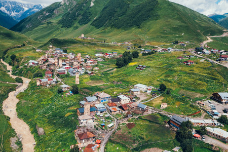 Ushguli aerial view from drone. Famous ancient Svan Towers. Popular tourist Svan community inMestia...