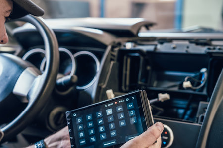 Auto electrician or repairman in car service installs multimedia sound system or car radio in auto dashboard panel.の写真素材
