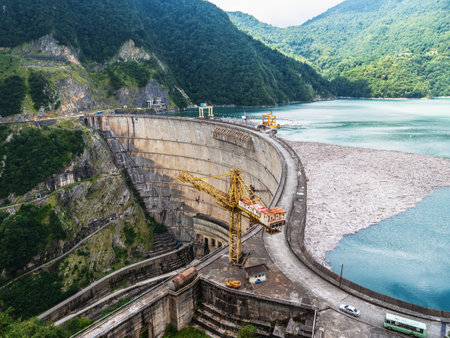 Hydroelectric power plant. Aerial view from drone of huge water dam. Hydropower energy station.の写真素材