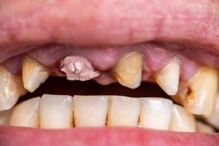 Broken tooth, missing teeth in open human mouth close up macro photo. Dental problems, dentistry medicine concept.の写真素材