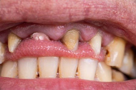 Broken tooth, missing teeth in open human mouth close up macro photo. Dental problems, dentistry medicine concept.の写真素材