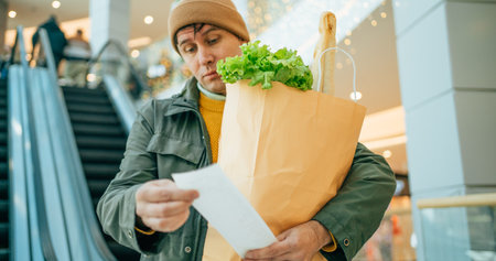 Price rise concept. Surprised male customer holding paper bag with food products looks at paper receipt after shopping in supermarket.の写真素材
