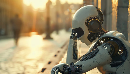 Robot sits on street in pose of tired man. Cybernetics and artificial intelligence concept.の素材