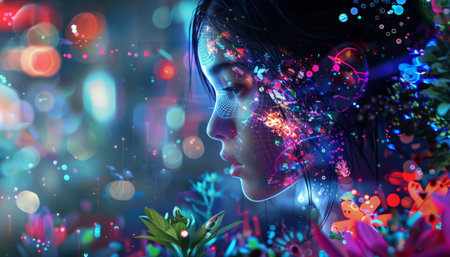 Woman face with bright lights in background. Lights highlight her facial features. Woman expression is unreadable, adding sense of mystery to image.の素材