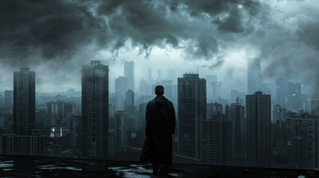 Solitary figure overlooking a stormy dystopian metropolis.の素材