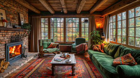 Inviting living space with exposed beams, a wood stove, and autumnal views.の素材