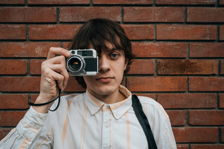 Contemplative young man peers through viewfinder of retro style camera, framed against red brick wall backdrop.の写真素材