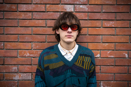 Young man with retro round sunglasses standing before brick wall, exuding vintage aura.の写真素材