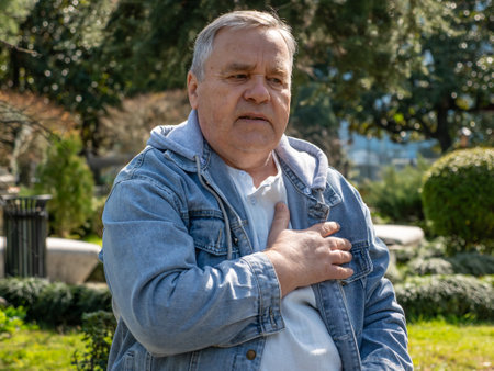Worried senior man clutching chest in park, possible heart trouble.