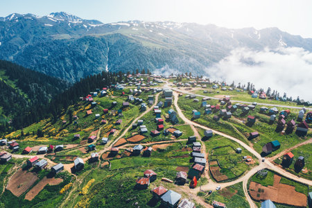 Aerial drone shot of Gomismta, village within Guria region of Georgia, surrounded by lush greenery and alpine mountains, with picturesque layout of homes and winding village roads visible above cloudの写真素材