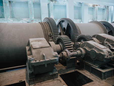 Vast array of large mechanical gears and equipment in the desolate Enguri hydroelectric station, symbolizing industrial might and abandonment.の写真素材