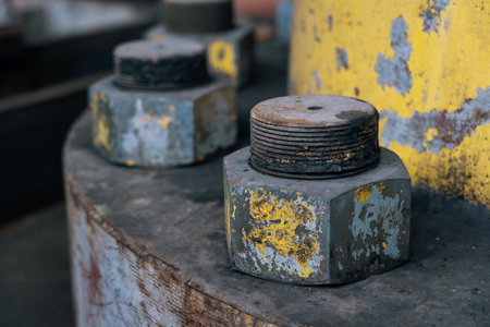 Large rusty bolts with peeling yellow paint, wear and tear in industrial setting, close up.の写真素材