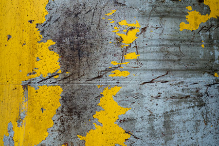 Weathered metal surface with peeling yellow paint, unique texture and background for industrial...