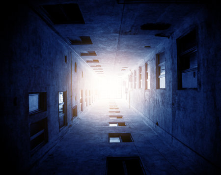 Surreal perspective blue walls illuminated by bright light at end. Windows and geometric shapes create abstract urban environment, evoking mystery and futuristic vibes.の写真素材