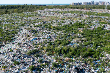 Large landfill site with trash and greenery.の写真素材