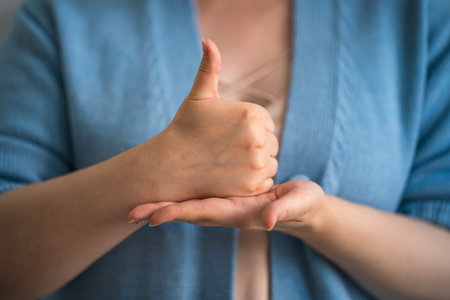 Hand showing thumbs up gesture in sign language, representing approval and positivity. Close-up of...
