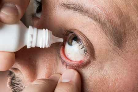 Person using eye drops to treat eye redness and irritation close up, focusing on proper application and eye care.の写真素材