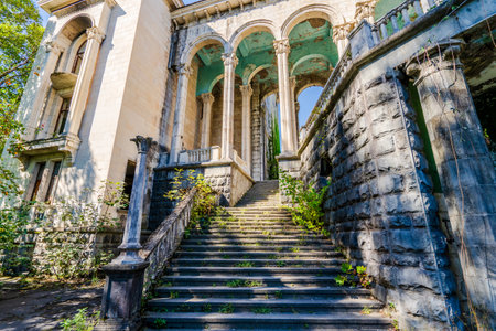 Weathered old stone steps with overgrown vegetation lead to historic, abandoned building with tall arches and classical architecture.の写真素材