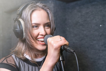 Woman singing into microphone in recording studio, wearing headphones and smiling while performing,...