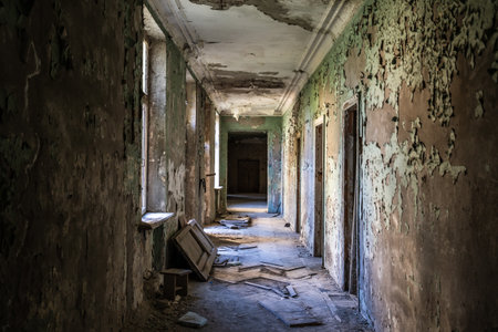 Abandoned hallway bathed in soft sunlight, with peeling paint and scattered debris. Contrast between neglect and hope, reflecting concepts of time, memory, and renewal.の写真素材