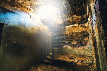 Abandoned underground room with rusty spiral staircase leading to light. Cracked walls, peeling paint, and scattered debris, post-apocalyptic, eerie atmosphere. Perfect for horror, mystery, and urbanの写真素材