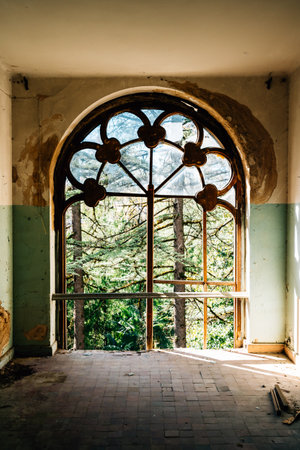 ornate vintage window in abandoned mansion with peeling paint and overgrown trees visible outside, evoking nostalgia and historical decay.の写真素材