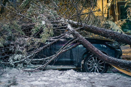 Uprooted trunk crashing onto SUV and nearby vehicles in snowy street, depicting intense winter storm damage and urgent response need. Ideal for news, alerts, or insurance uses.の写真素材
