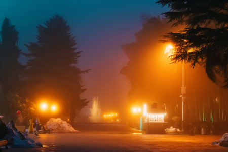 Fountain glowing in soft golden lights amidst foggy park, creating dreamlike ambiance of warmth and tranquility.の写真素材