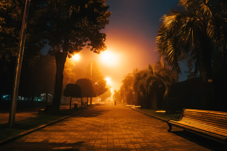 Empty park alley shrouded in thick fog, bathed in warm glow of streetlights, evoking feelings of nostalgia, mystery, and calmness. Great for urban, solitude, nighttime themes.の写真素材