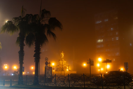 Golden statue glowing through dense fog on city street in Batumi, Georgia. Palm trees and warm street lights create cinematic and mysterious urban atmosphere.の写真素材