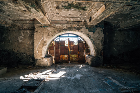 Abandoned room, rusted arched door, sunlight streaming through window, decayed walls, peeling ceiling, debris scattered on floor, eerie atmosphere, perfect for horror, exploration, art themes.の写真素材