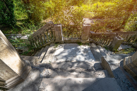 Old stone staircase overgrown by greenery, abandoned historic ruins, lost architecture, mystery vibe, spooky conceptの写真素材