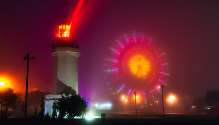Batumi lighthouse glowing through dense fog with neon Ferris wheel in background, creating surreal urban nightscape. Perfect for travel, coastal architecture, nightlife and misty weather concepts.の写真素材