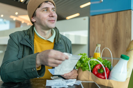 Man checking receipt after grocery shopping with paper bag full of healthy food, budgeting, personal finance, organic vegetables, modern lifestyle.の写真素材
