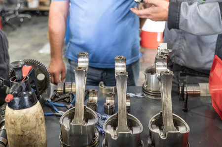 Engine pistons connecting rods mechanical parts car repair garage service tool maintenance workshop...
