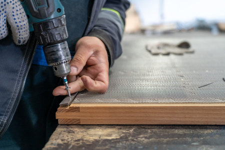 Worker using electric screwdriver manual assemble wooden frame with metal mesh in workshop. Industrial craftsmanship, tool usage, and DIY manufacturing process.の写真素材