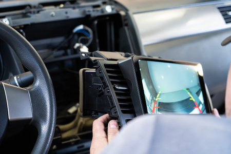 Car electrician installing modern multimedia system with rear view camera. Dashboard wiring, parking safety, touchscreen display, vehicle electronics upgrade and smart technology integration.の写真素材