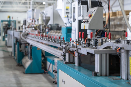 Automated industrial production line with CNC machine tools, control panel, clamps and conveyor, representing modern manufacturing, engineering, automation and factory technology.の写真素材
