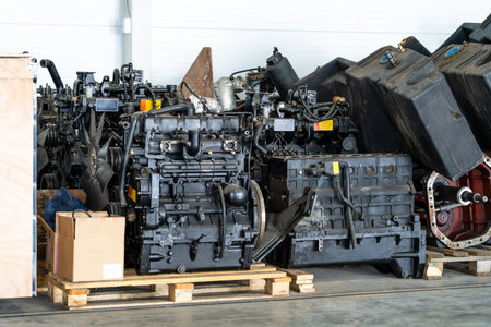 Industrial diesel engines stored in warehouse for repair, reuse, heavy machinery parts, mechanical engineering, logistics, automotive service, factory production.の写真素材